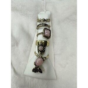 Free People Pink Stone Gold Tone Boho Statement Ring Set Womens Floral Heart New